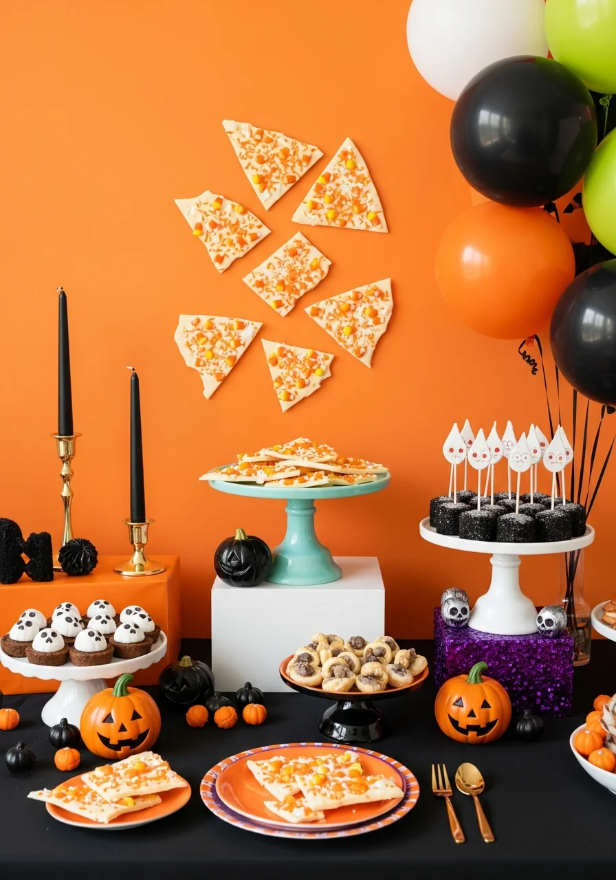 Shards of white chocolate bark topped with candy corn and orange sprinkles.