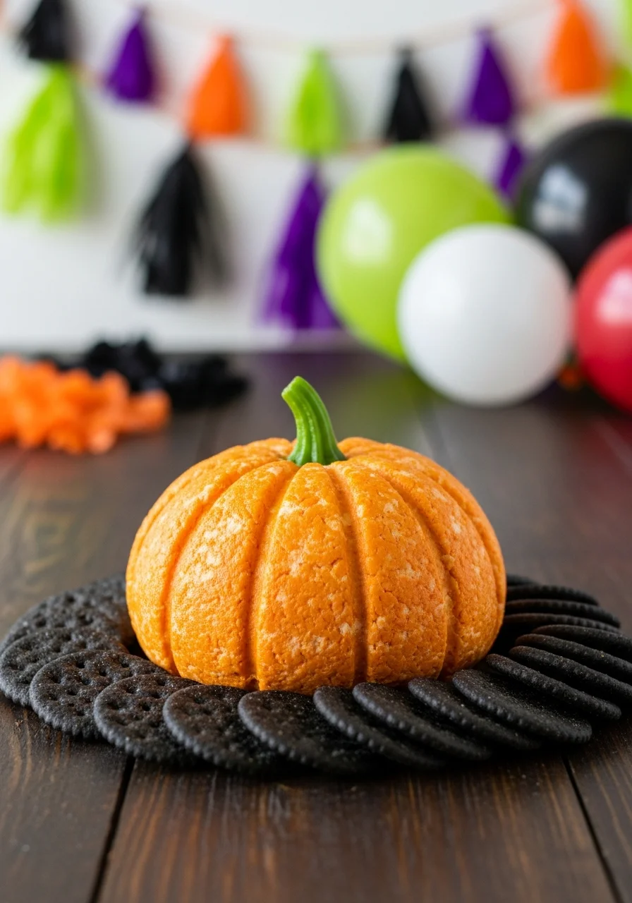 A round orange cheese ball shaped like a pumpkin with a green stem.