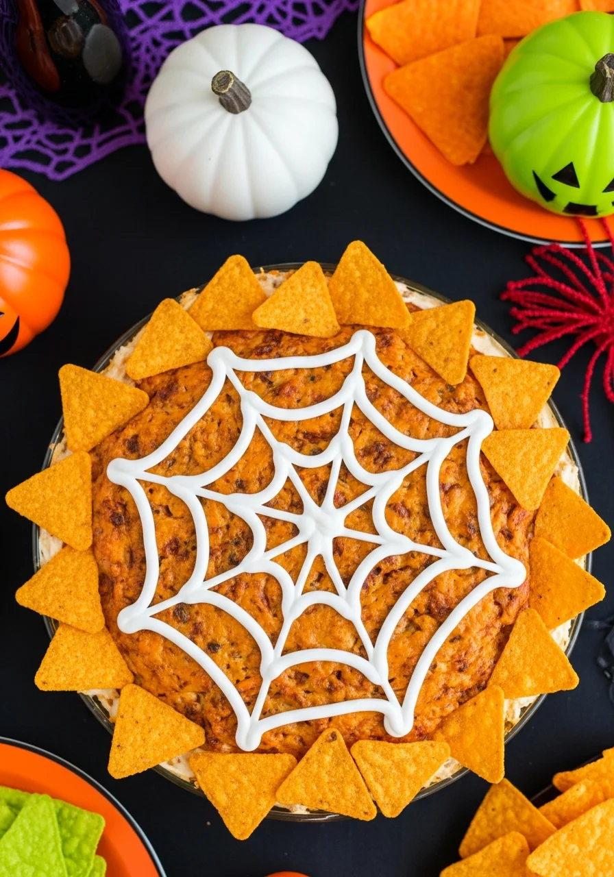 A round dish of dip with a sour cream spiderweb design on the surface.