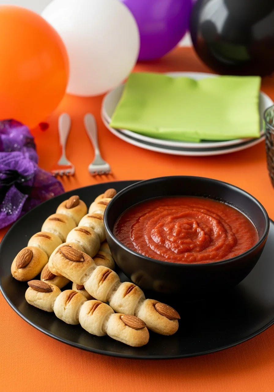 Long breadsticks shaped like fingers with almond slices for nails.
