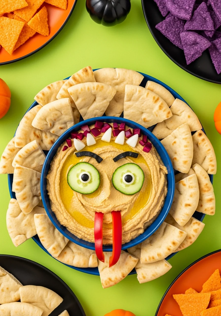 A bowl of hummus decorated with vegetables to look like a monster face.