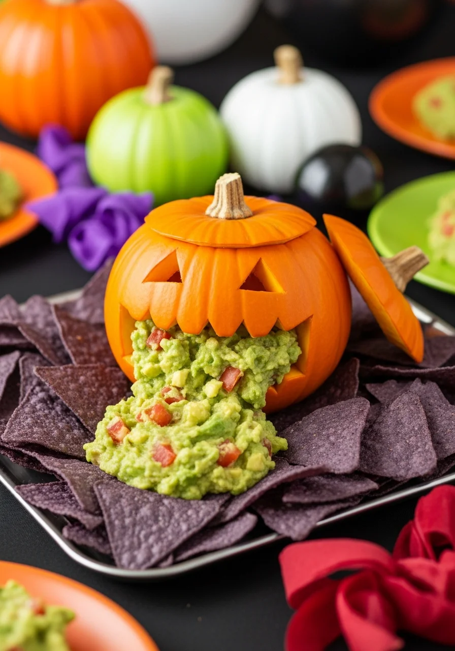 A small carved pumpkin with green guacamole spilling out onto a platter of chips.