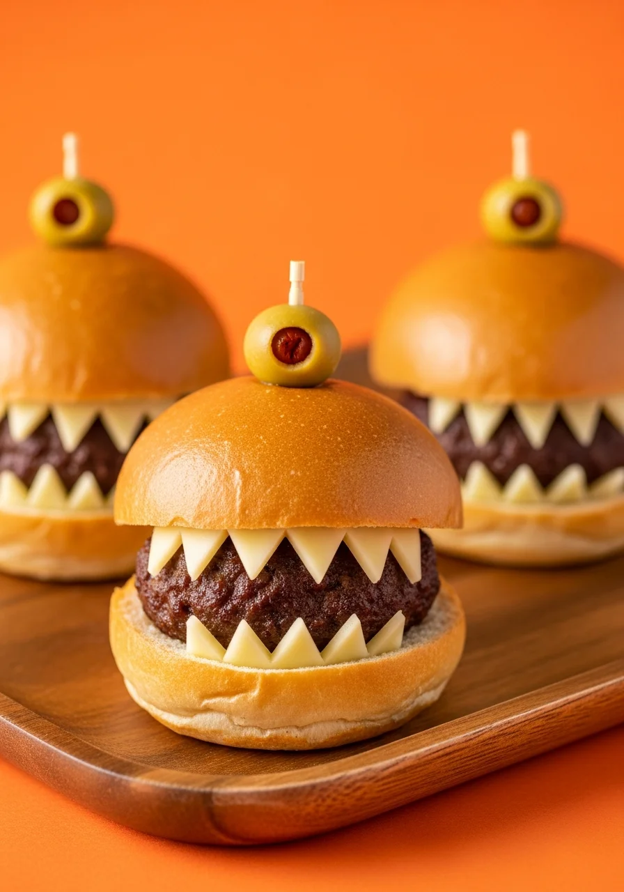 Mini burgers with cheese cut to look like teeth and olives on toothpicks for eyes.
