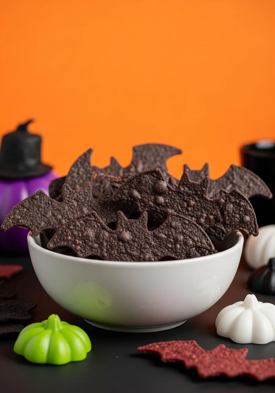 Crispy bat-shaped chips in a bowl with dark poppy seed seasoning.