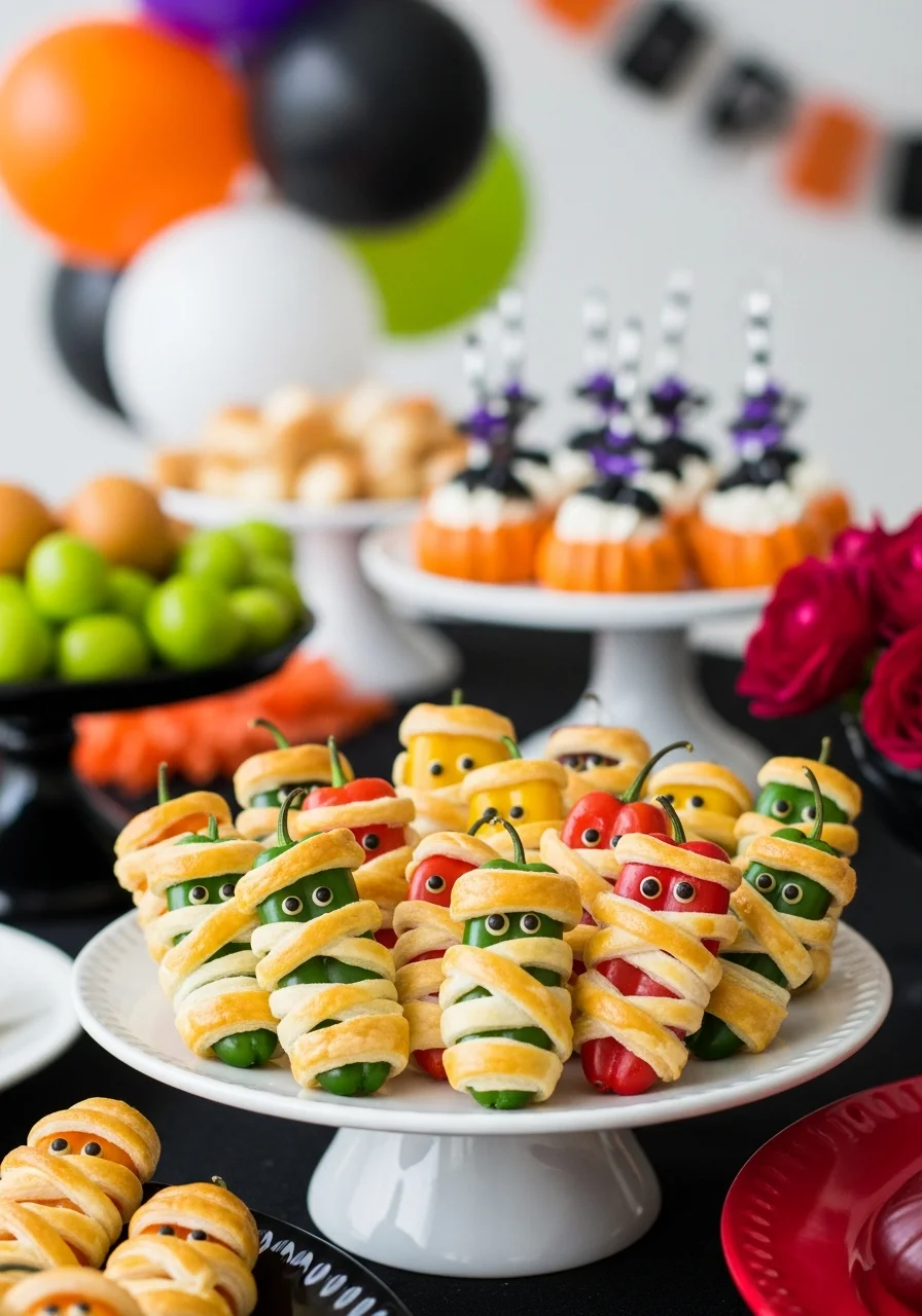 Sweet mini peppers wrapped in dough to look like mummies.