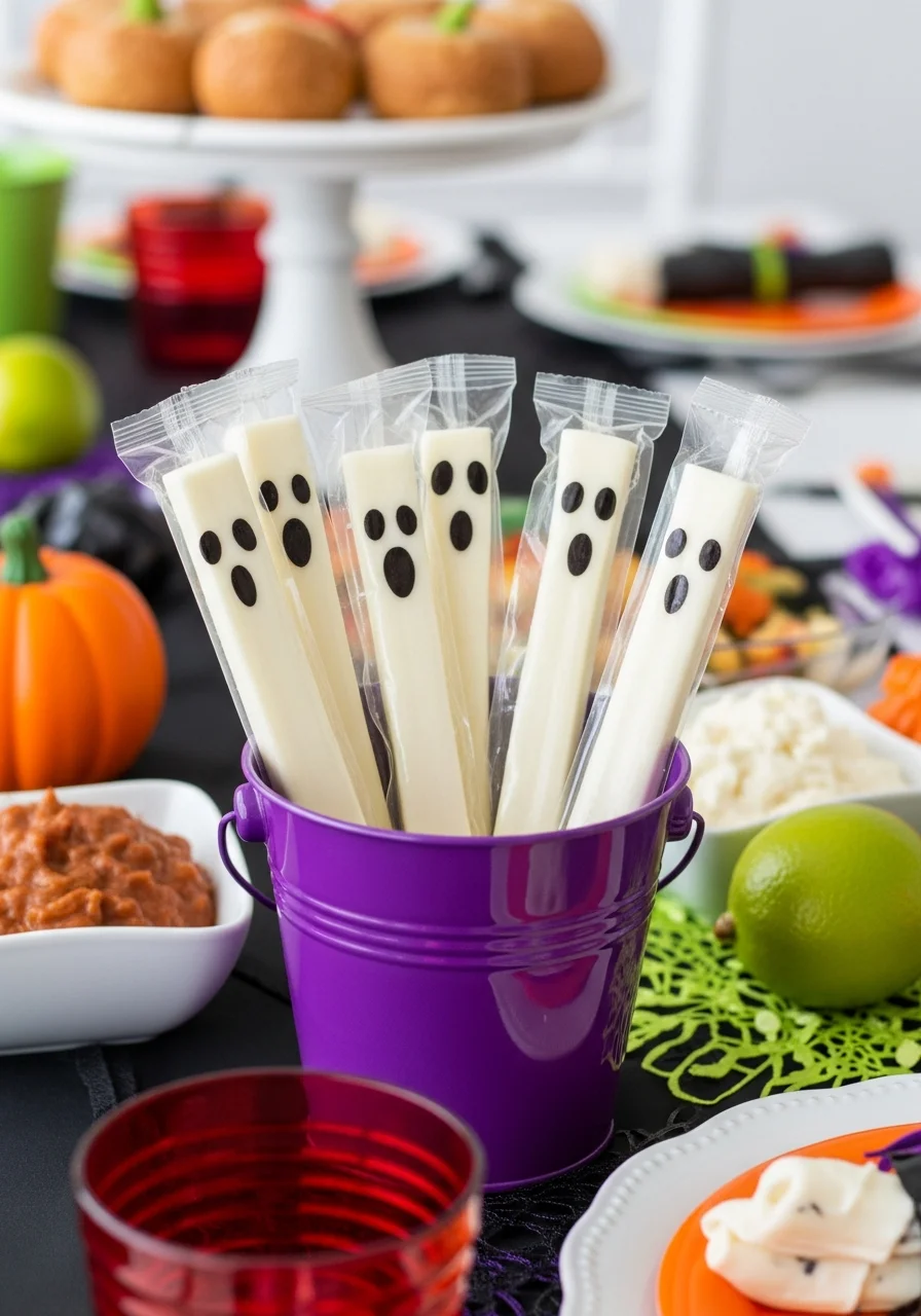String cheese sticks with ghost faces drawn on the clear plastic wrappers.
