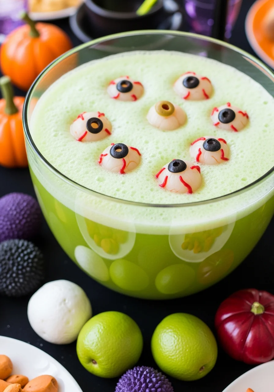 A bowl of green frothy punch with floating fruit eyeballs.