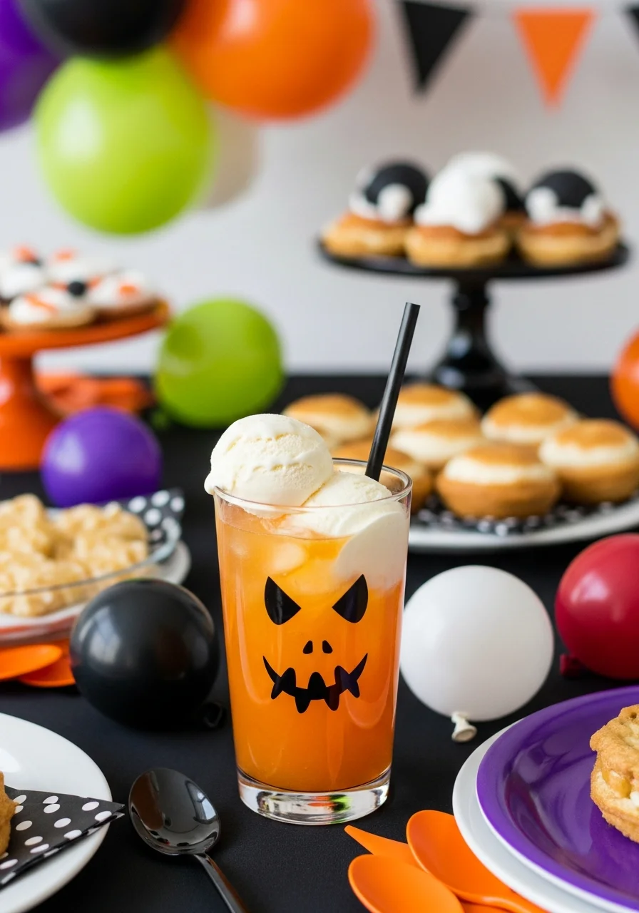 An orange soda float in a glass decorated with a pumpkin face.