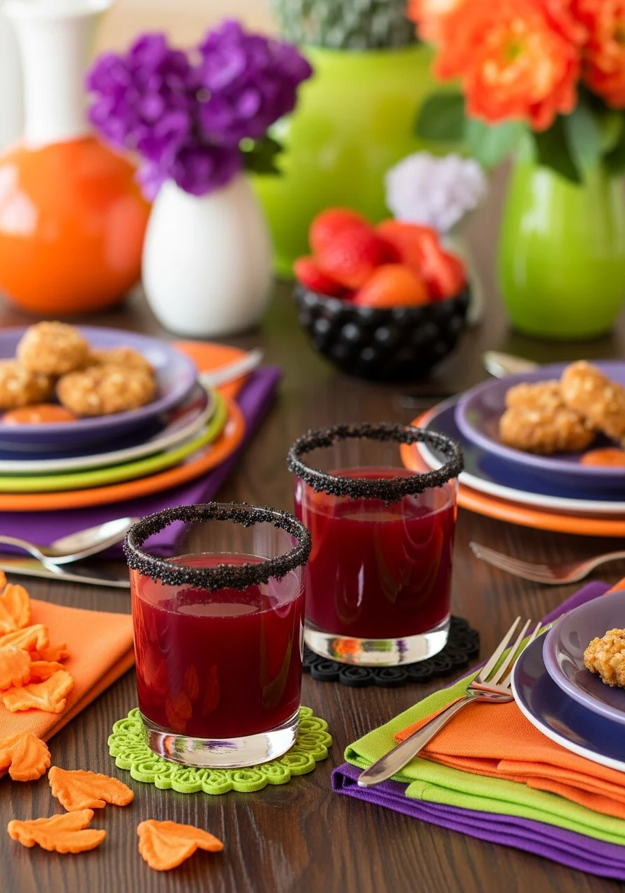 Deep red fruit juice in glasses with a black sugar rim.