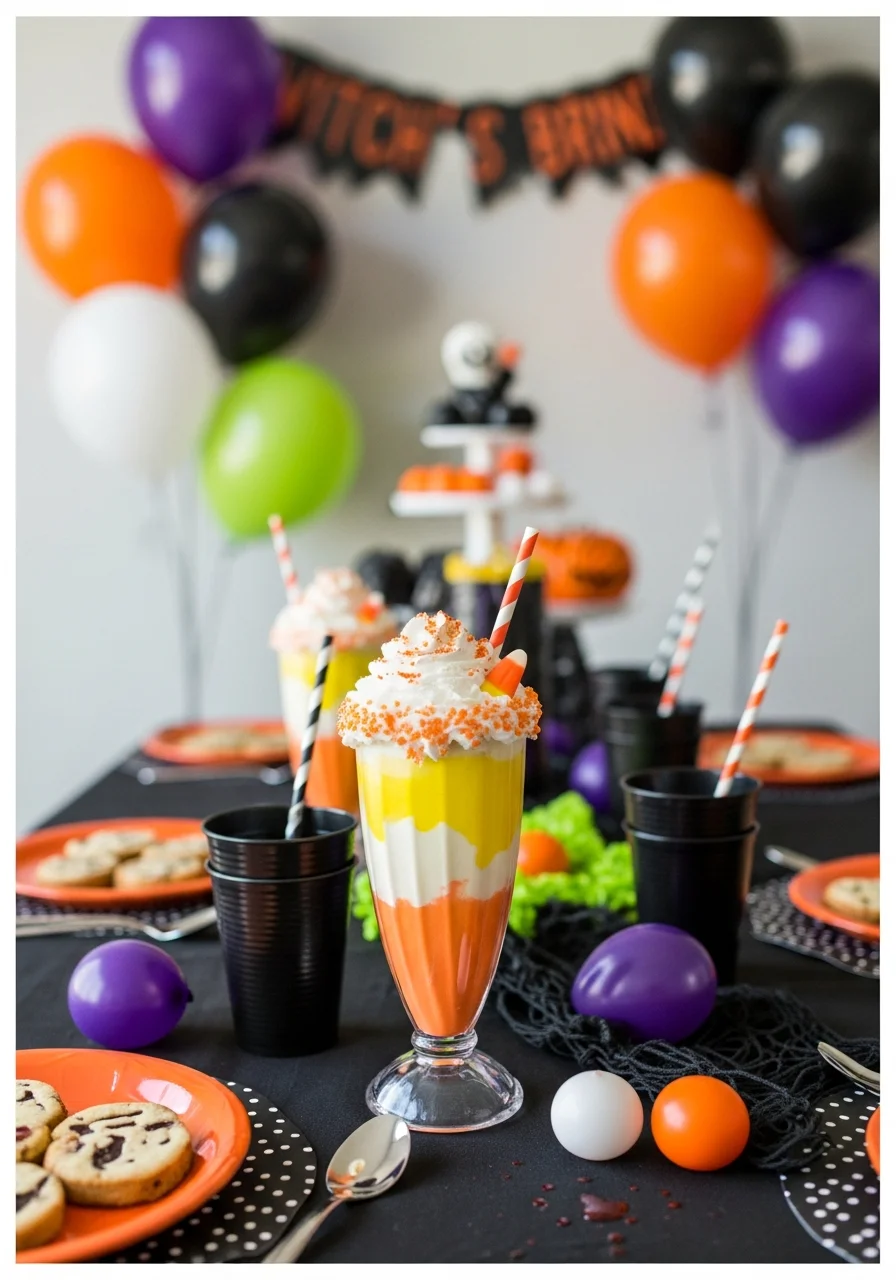 A layered milkshake in yellow, orange, and white colors topped with cream.