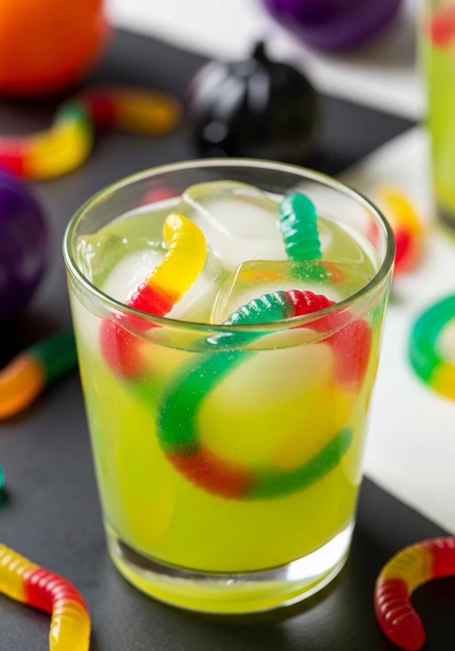 Green lemonade in a glass with gummy worms visible inside the ice cubes.
