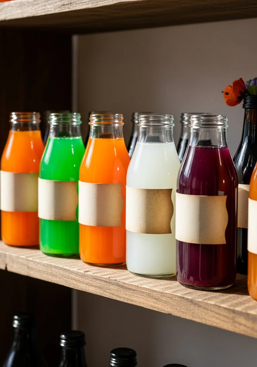 Small glass bottles filled with colorful liquids and simple paper labels.