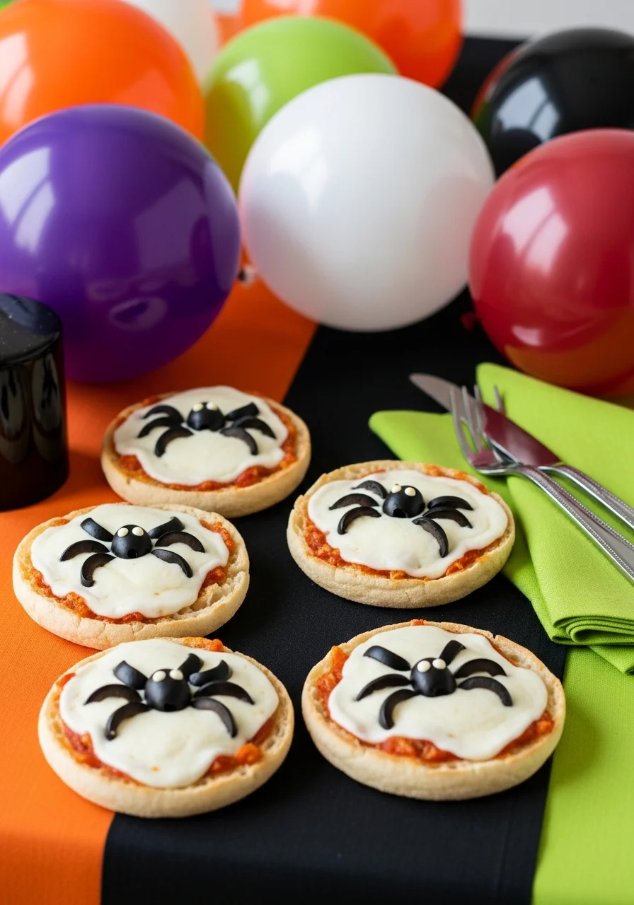 Small round pizzas topped with black olives arranged to look like spiders.
