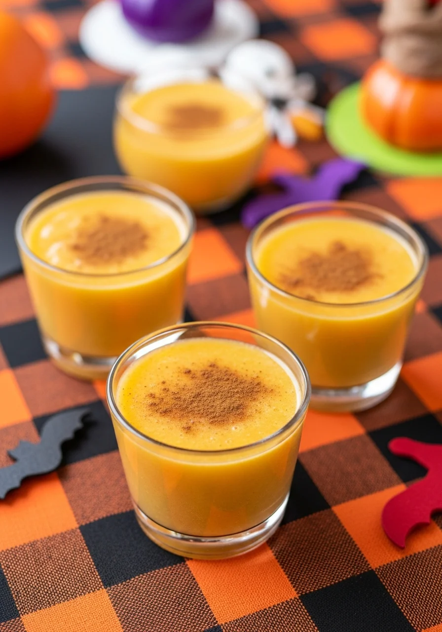 Small glasses of orange smoothie garnished with cinnamon.