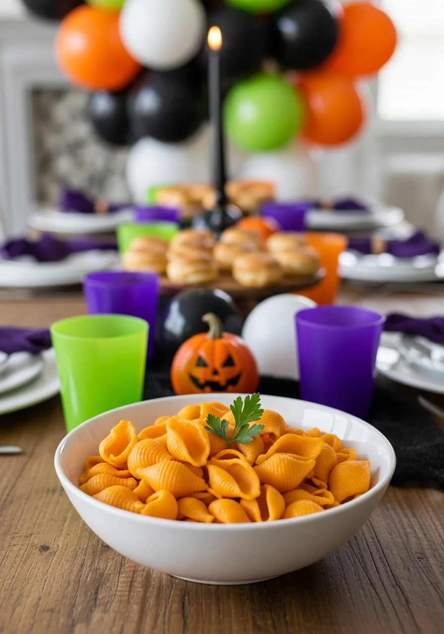 A bowl of orange creamy pasta garnished with a green parsley leaf.