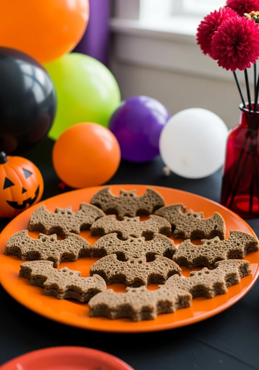 Dark bread sandwiches cut into the shape of bats on an orange tray.