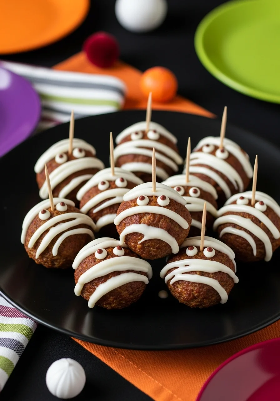 Meatballs on toothpicks with white sauce drizzled to look like bandages.