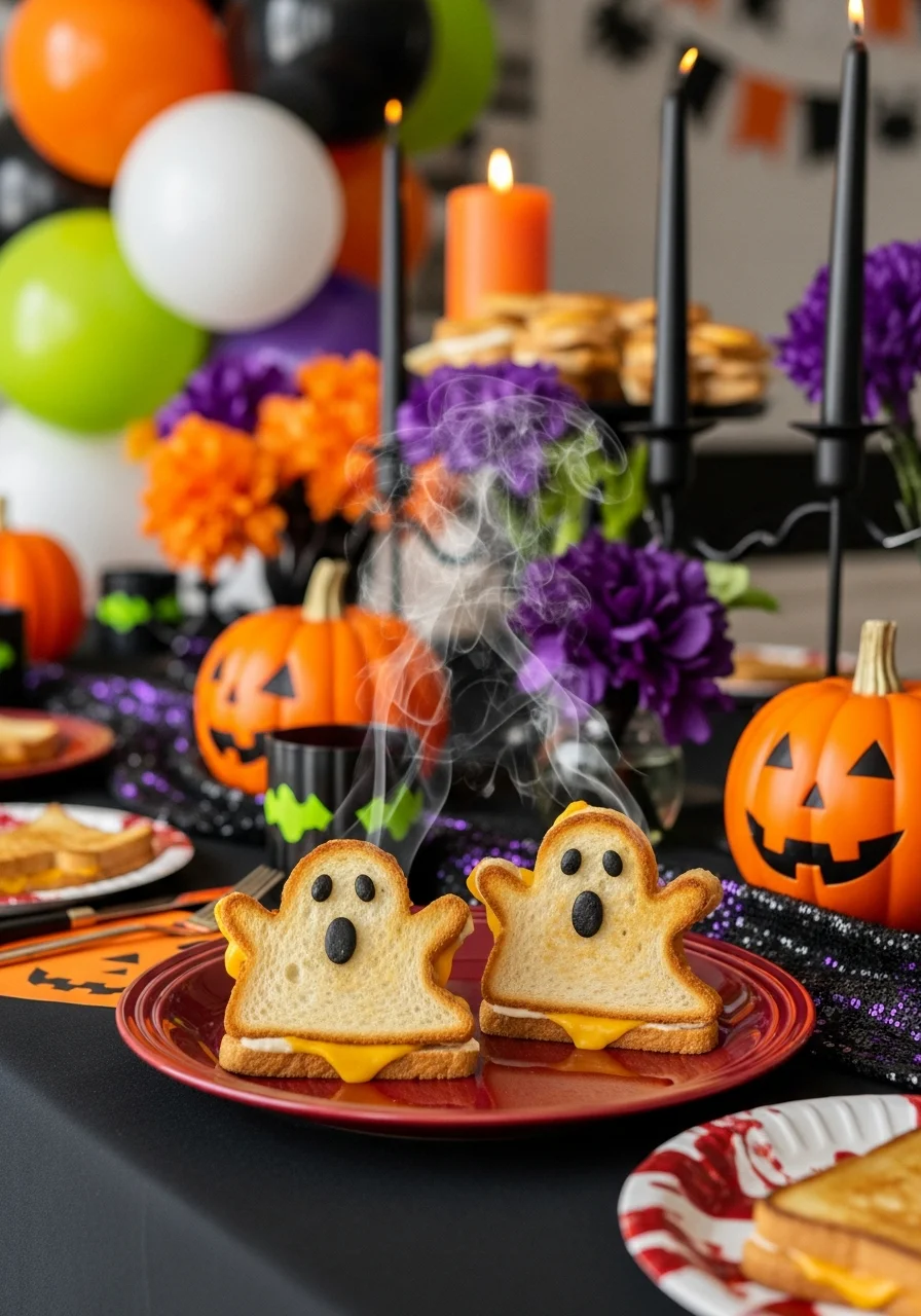 Ghost-shaped grilled cheese sandwiches with small eye holes on a red plate.