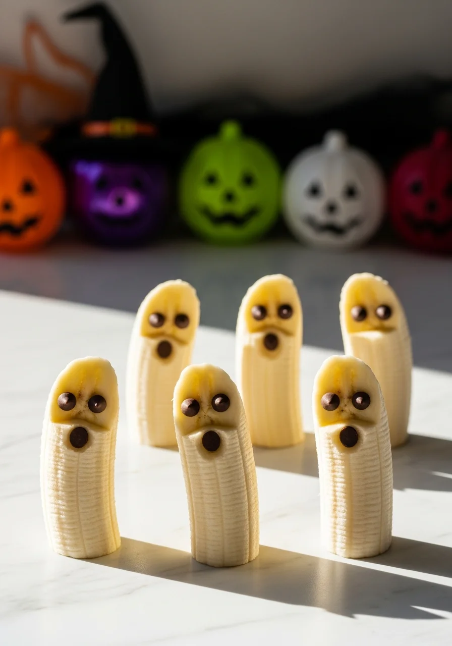Bananas cut in half with chocolate chips for eyes standing on a white surface.