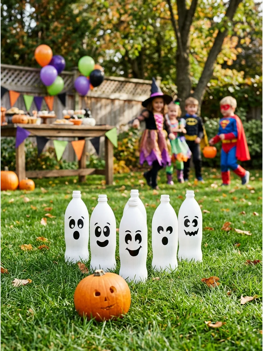 Ghost bowling pins made from white bottles and a small orange pumpkin on a green lawn.
