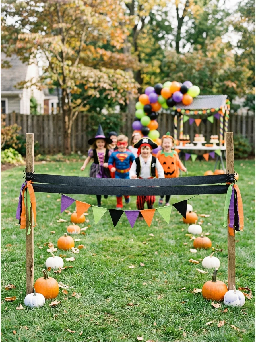 A black crepe paper finish line in a backyard with pumpkin markers.