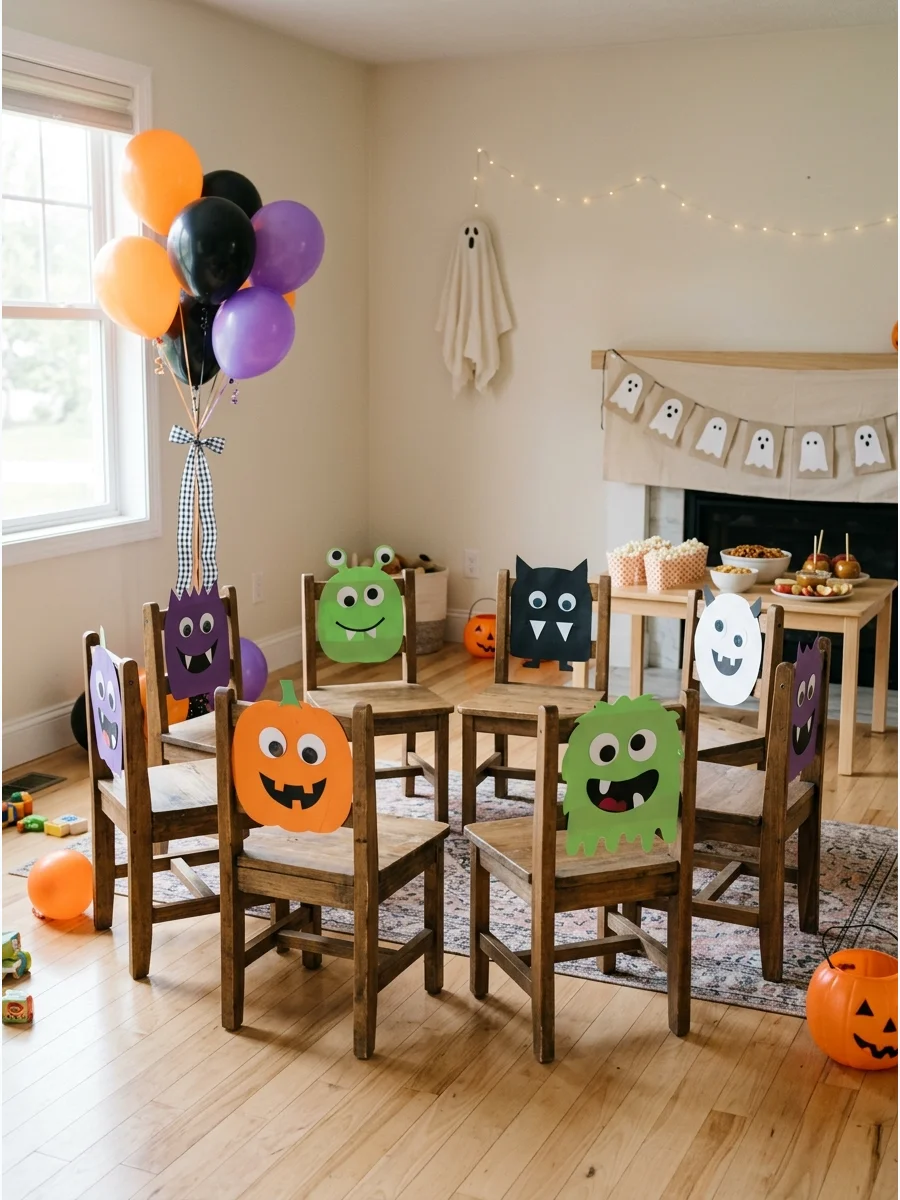 Wooden chairs decorated with colorful paper monster faces in a circle.