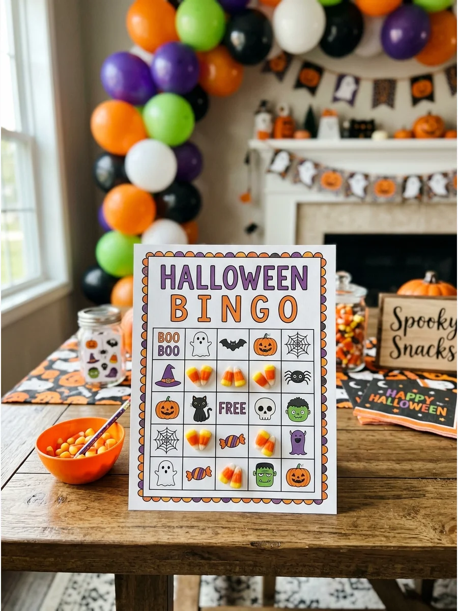 A Halloween bingo card on a table with candy corn markers.