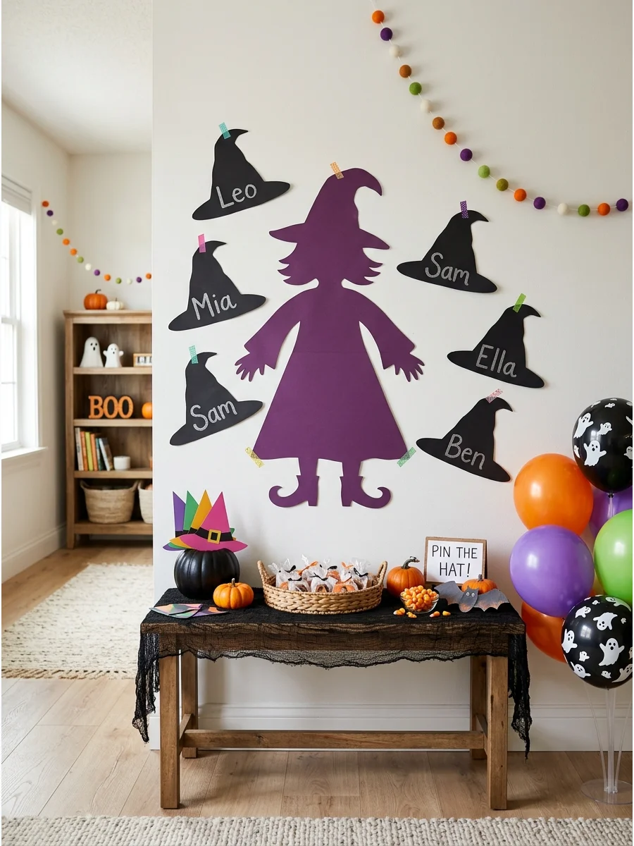 A witch silhouette game on a wall with paper hats ready to be pinned.