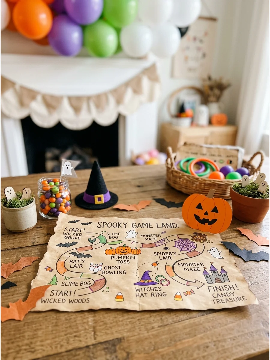A simple scavenger hunt map and a paper pumpkin on a table.