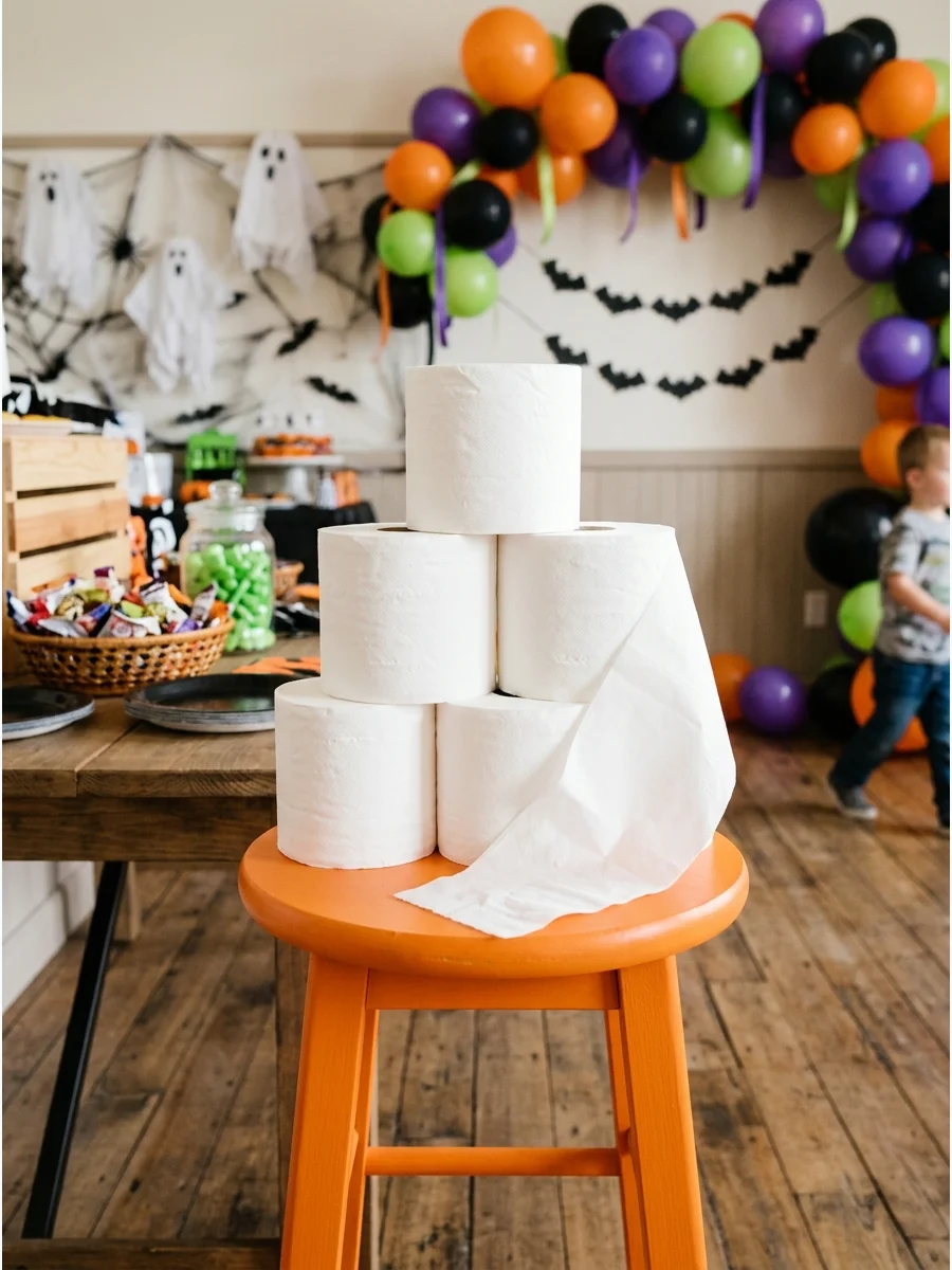 Stacks of white toilet paper rolls on an orange stool for a mummy wrap game.