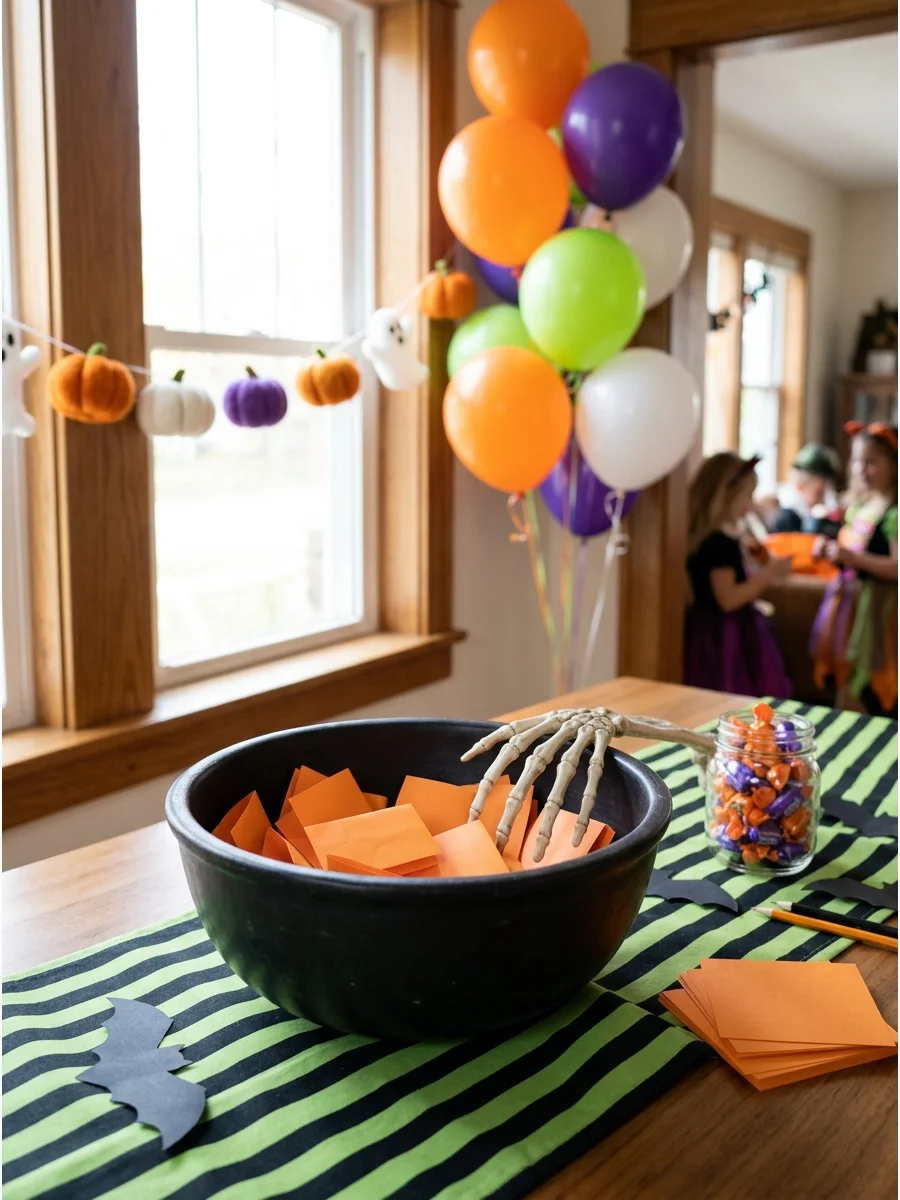 A black bowl of orange paper slips for a charades game.