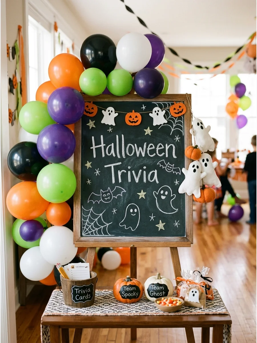 A chalkboard with trivia text and festive chalk drawings.