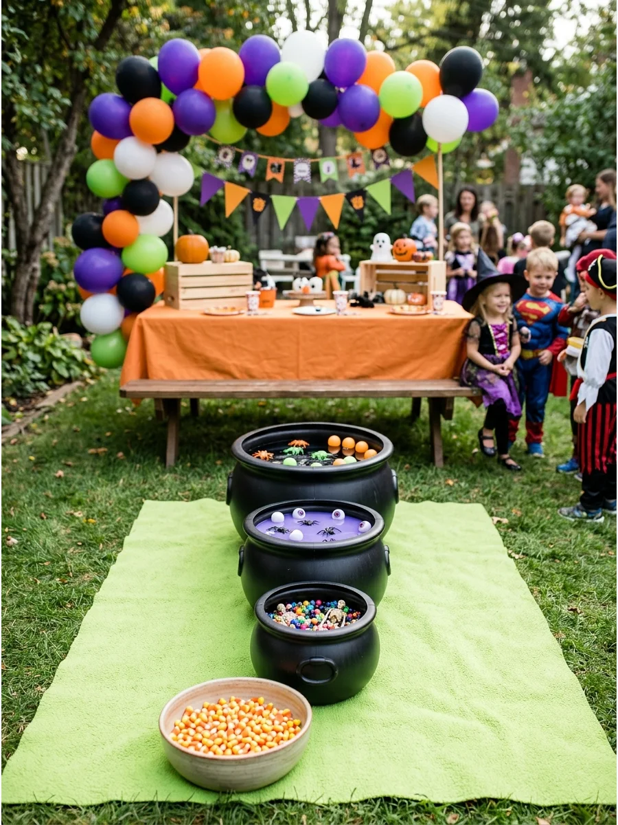 Black plastic cauldrons and candy corn on a green rug.