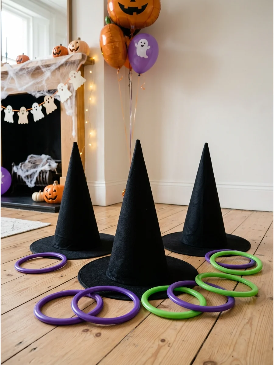Witch hats used for a ring toss game with colorful plastic rings.