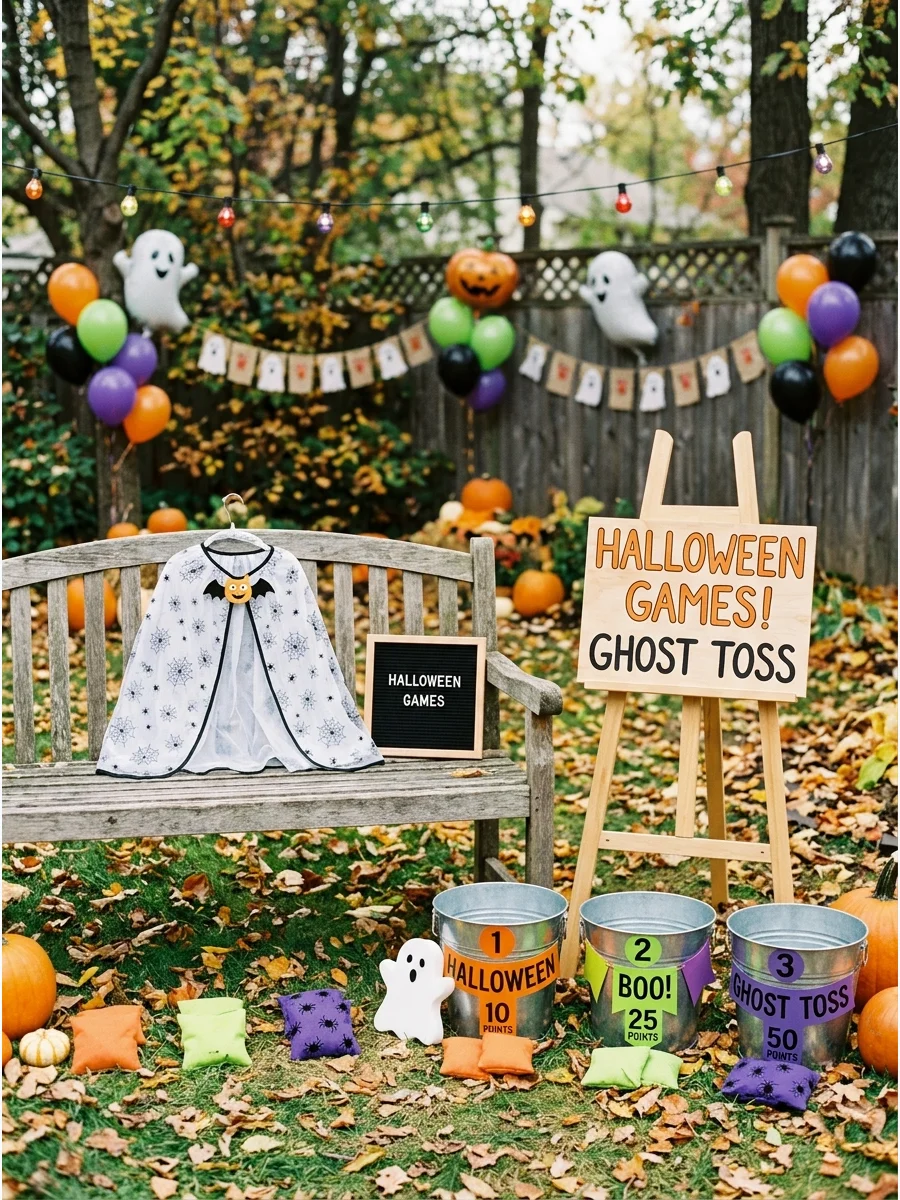 A white mesh ghost cape draped over a wooden garden bench in a leafy backyard.