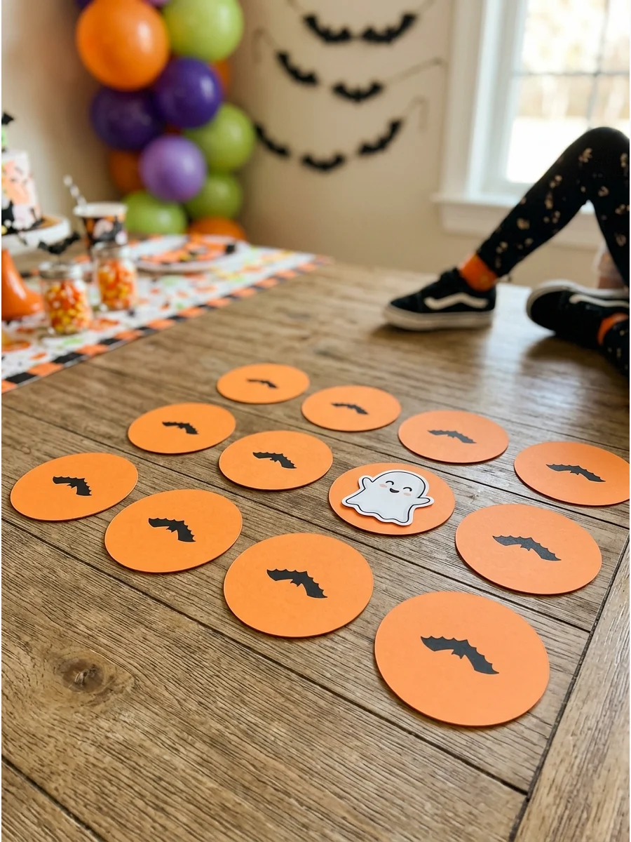 A memory matching game with orange cards and Halloween stickers.