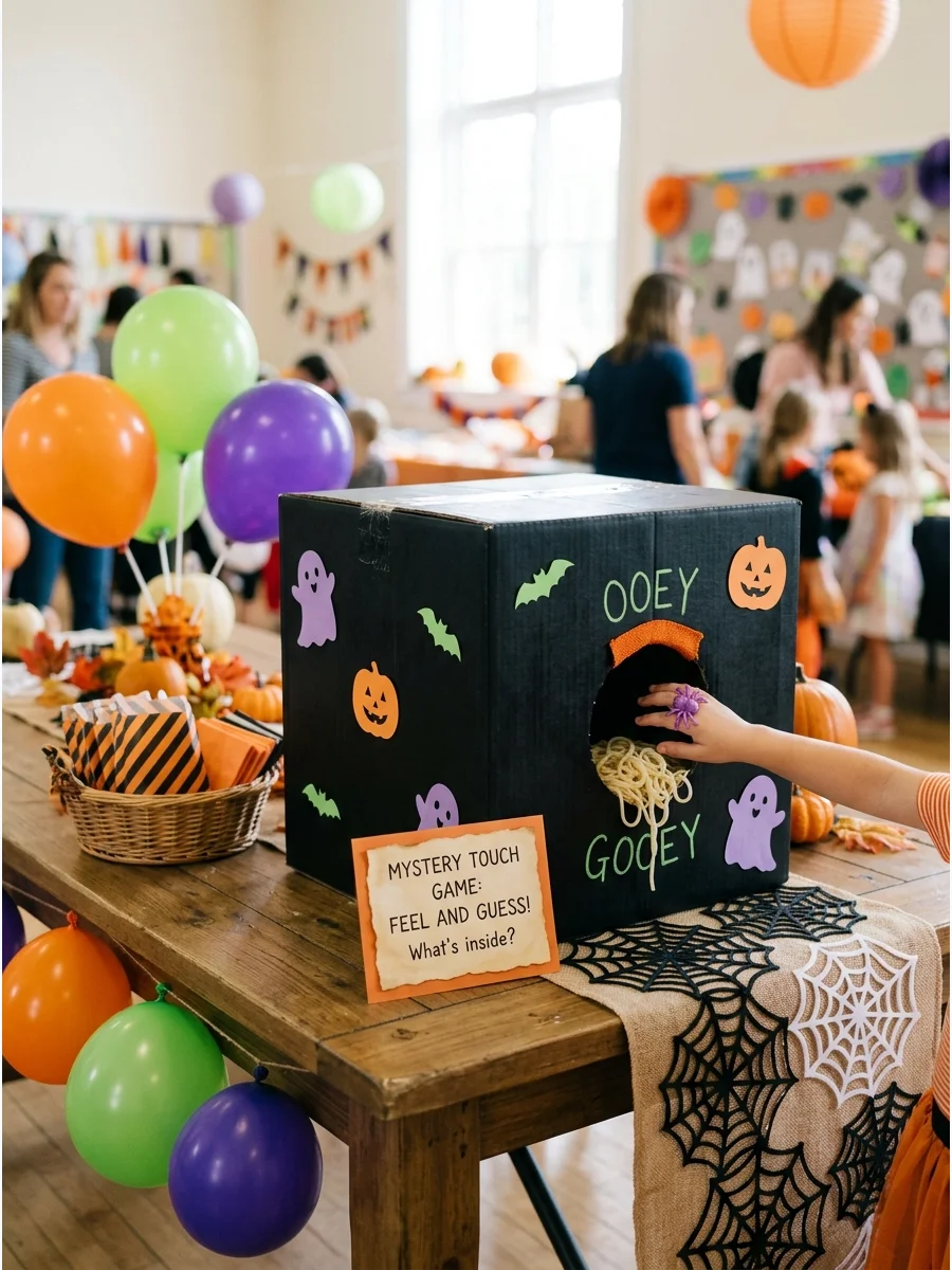 A mystery sensory box with a hole for reaching inside.