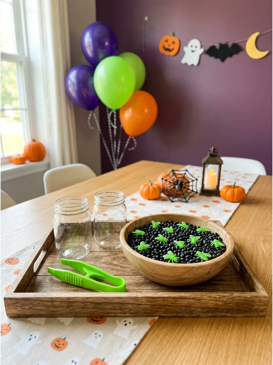 A sorting game with black beans, plastic flies, and tweezers on a tray.