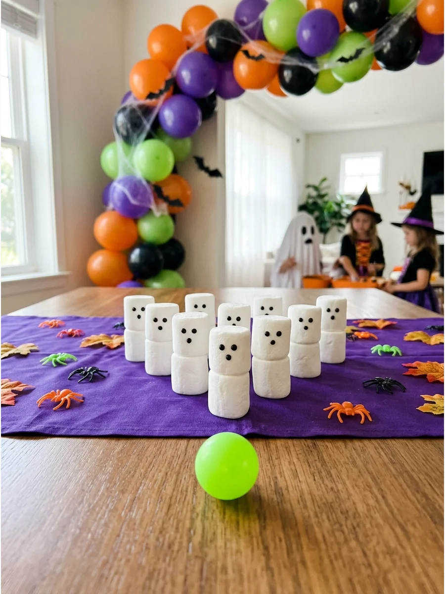 Marshmallow ghosts arranged as bowling pins on a tabletop.