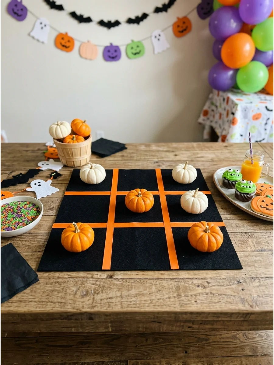 A tic-tac-toe game using mini pumpkins on a black felt board.