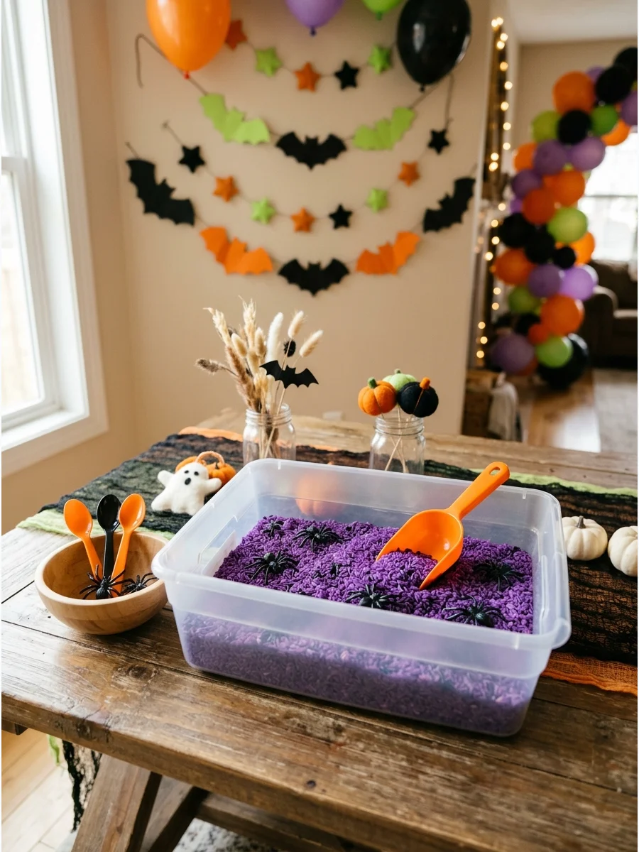 A sensory bin with purple rice and toy spiders.