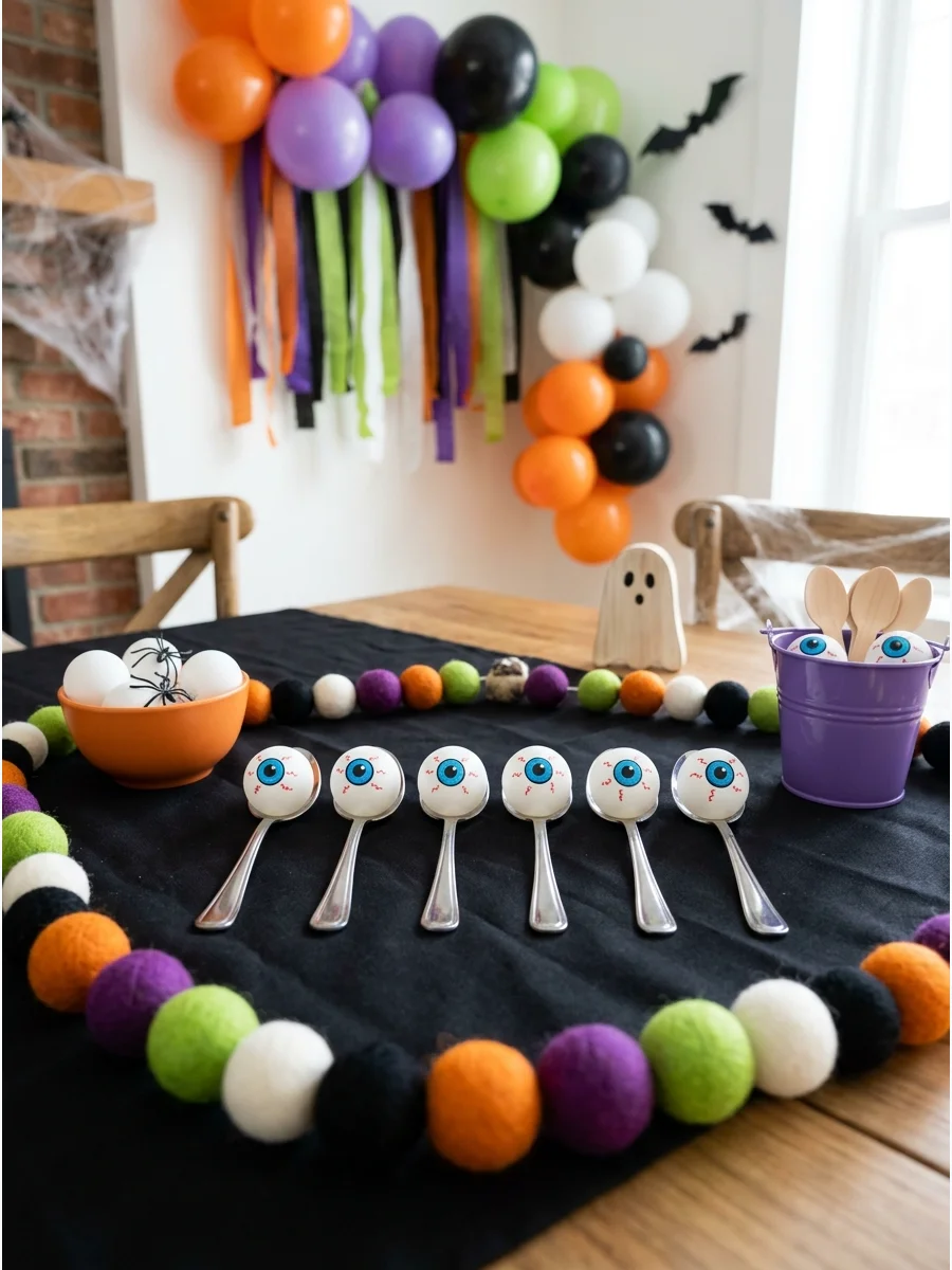 Ping pong ball 'eyeballs' in silver spoons for a race.