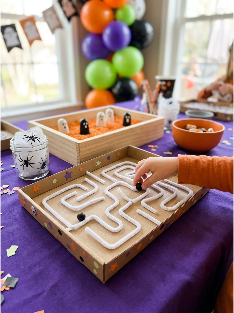 A DIY marble maze made from a box lid and pipe cleaners.