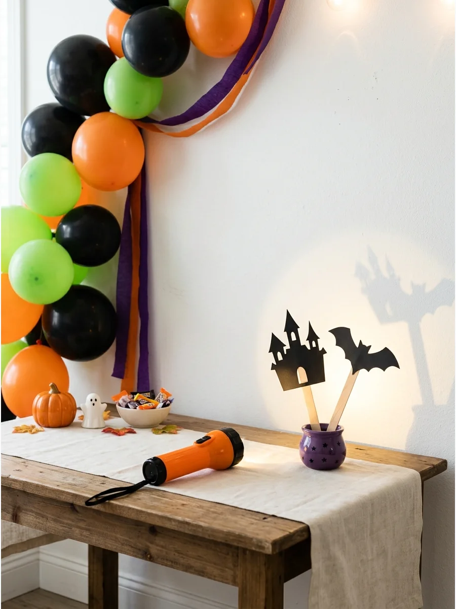Shadow puppet cutouts and a flashlight on a table.
