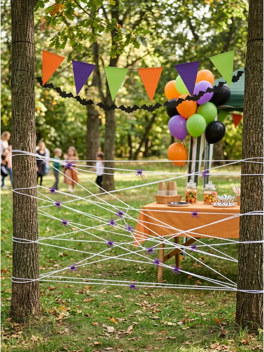 A DIY spider web obstacle course made of white yarn between two trees.