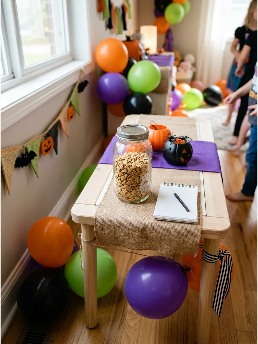A jar of pumpkin seeds with a notepad for an estimation game.