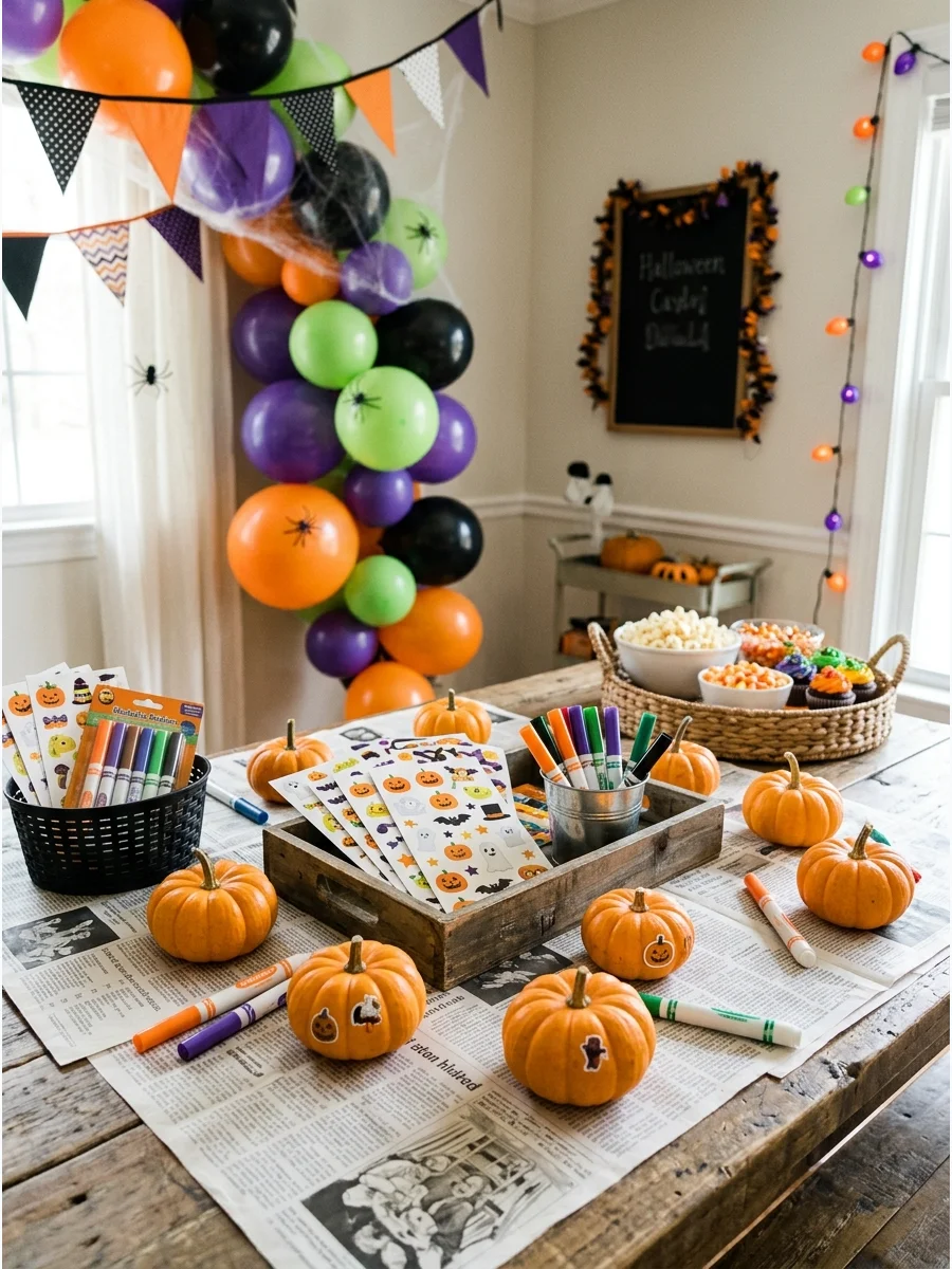 Mini pumpkins and decorating supplies on a newspaper-covered table.
