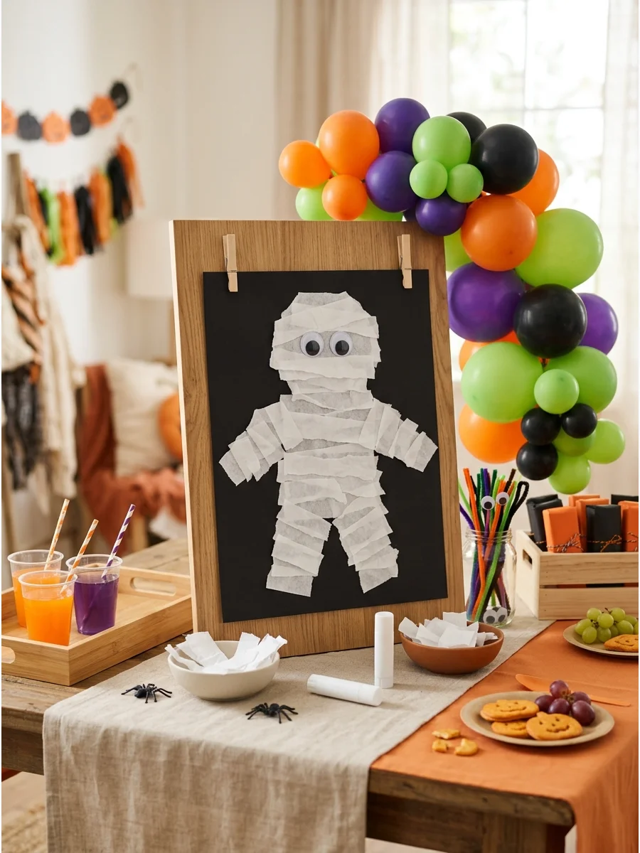 A mummy craft made of white paper strips on black cardstock.