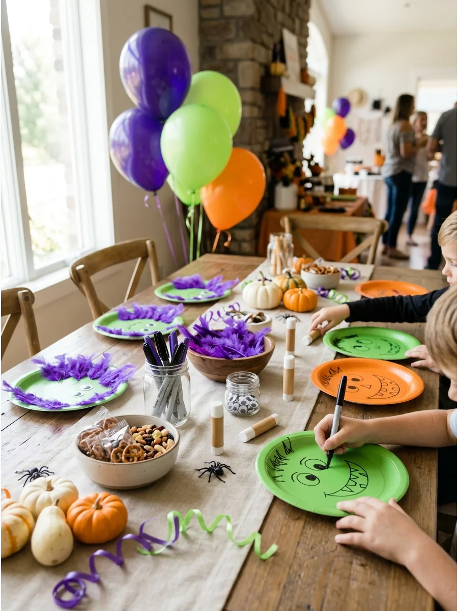 Paper plate masks in progress with feathers and markers.