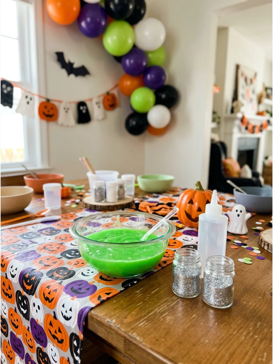 Green glitter slime in a bowl with crafting supplies.
